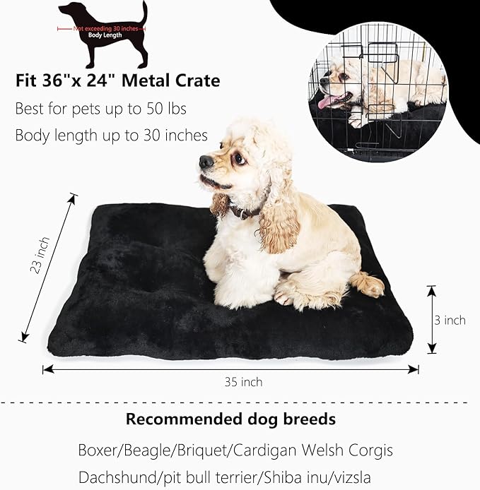 Dog Beds for Crates 36 x 24 Washable,Extra Soft Crate Pads for Dog Cages 36 with Anti-Slip Bottom,Deluxe Faux Fur Pet Sleeping Mat Helps Ease Pet Anxiety,Black