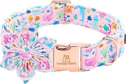 Lionheart glory Dog Collar Flower Collar Pink Dog Collars with Flower Summer Cute Sea Animals Print Collar Dog Female Soft Durable Adjustable Dog Collars for Small Dogs