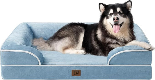EHEYCIGA Orthopedic XL Dog Beds, Waterproof Memory Foam Dog Bed for Extra Large Dogs, Non-Slip Bottom and Egg-Crate Foam Big Pet Couch Bed with Washable Removable Cover, Washed Blue