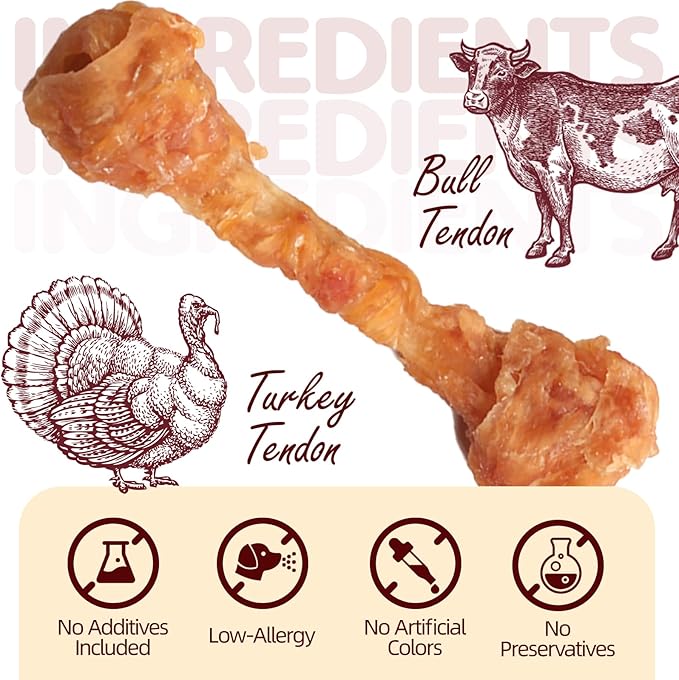 Turkey Tendons for Dogs, Large Dogs Training Treats, Natural Long-Lasting Chews Sticks, High-Protein Beef Tendons, Healthy Hypoallergenic Beggin Bone【L】(4 Units/Pack, 5.08 oz)