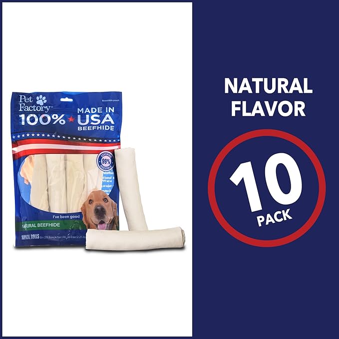 Pet Factory 100% Made in USA Beefhide 8" Rolls Dog Chew Treats - Natural Flavor, 10 Count/1 Pack