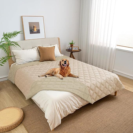 fuguitex Waterproof Dog Blanket Reversible for Small Dogs Resistant Leakproof Washable Couch Cushion Bed Protector Cover for Indoor Furniture Pet Friendly(68"*82",Beige+Khaki