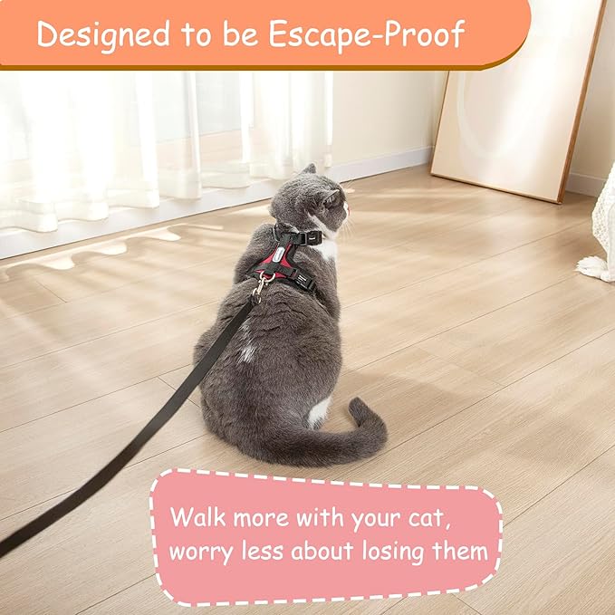 Cat Harness and Leash Set for Walking Lightweight Escape Proof Kitten Vest Harness Soft Fit for Cat Puppy Rabbits Easy Control (Red Black, M(Chest:12.5''-19'', Neck:8''-12''))