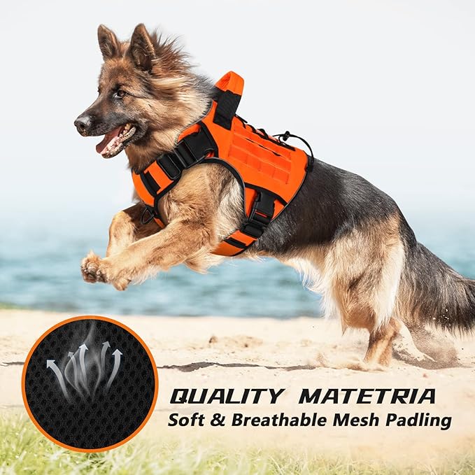 WINGOIN Tactical Dog Harness for Extra Large Dogs, Heavy Duty No Pull Dog Harness with Handle, Adjustable Reflective Military K9 German Shepherd Big Dog Vest for Training, Walking, Orange (XXL)