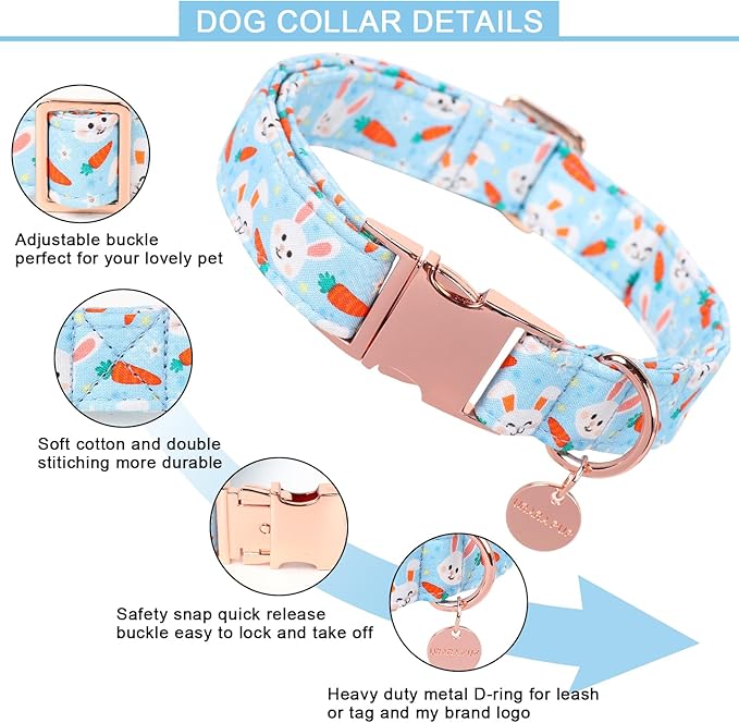 Easter Dog Collar, Cotton Easter Bunny Collar for Puppy Girl Boy Dog or Cat, Easter Gift Rabbit Carrot Dog Collar, Cute Carrot Pet Dog Collar with Metal Buckle, L