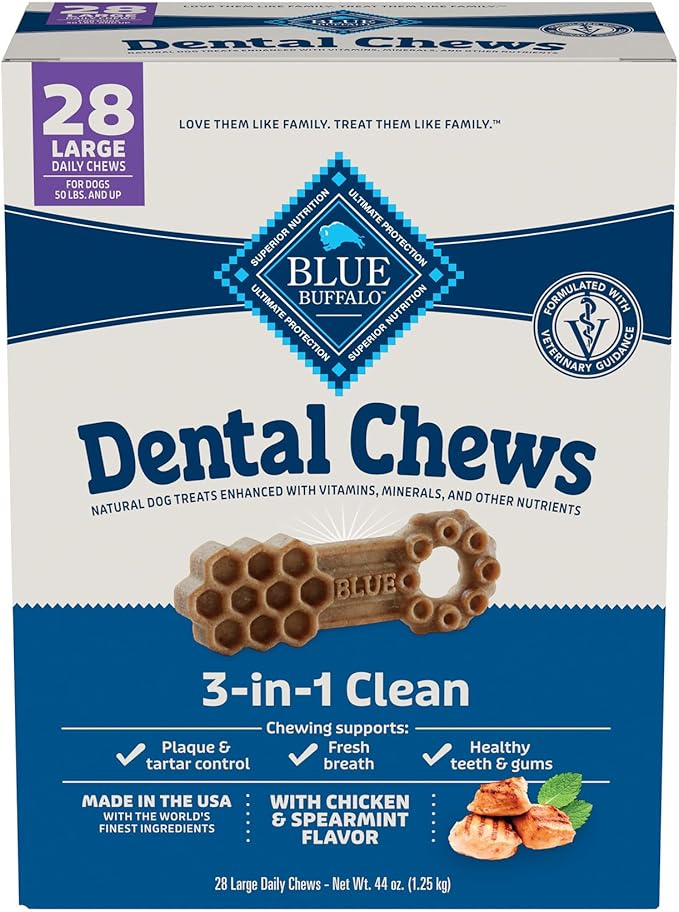Blue Buffalo Large Dental Chews for Dogs, Daily Dental Care Dog Treats Made in The USA with Natural Ingredients, Chicken & Spearmint (44-oz Box, 28 Count)