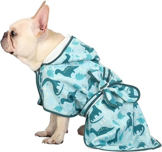 HDE Dog Bathrobe Super Absorbent Quick Drying Towel with Hood for All Dog Breeds Sizes S-XXL - Dinosaurs - S