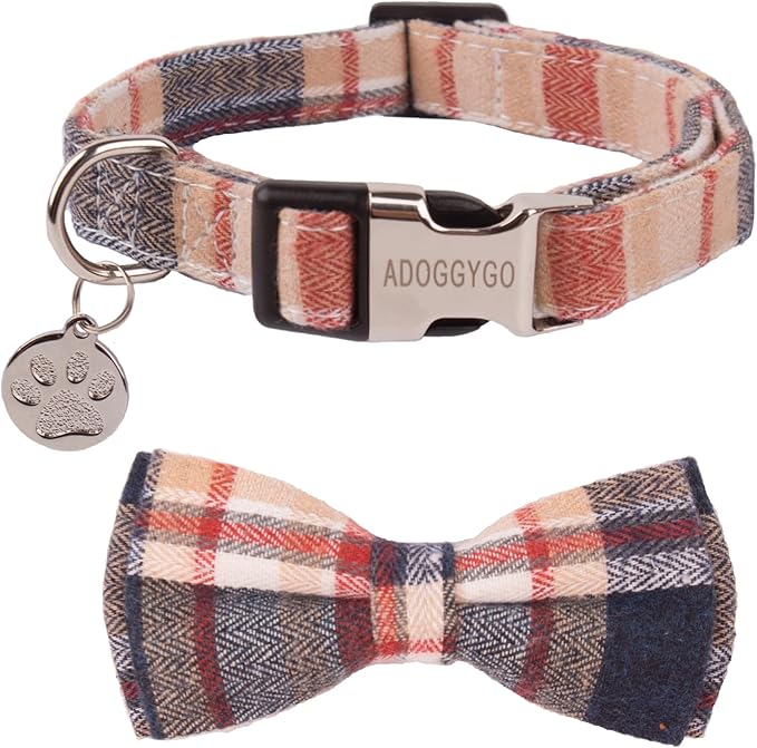 ADOGGYGO Soft Bowtie Dog Collar, Red Blue Plaid Pet Collar with Detachable Bow Tie Adjustable Plaid Collars for Small Medium Large Dogs Pets (Medium)