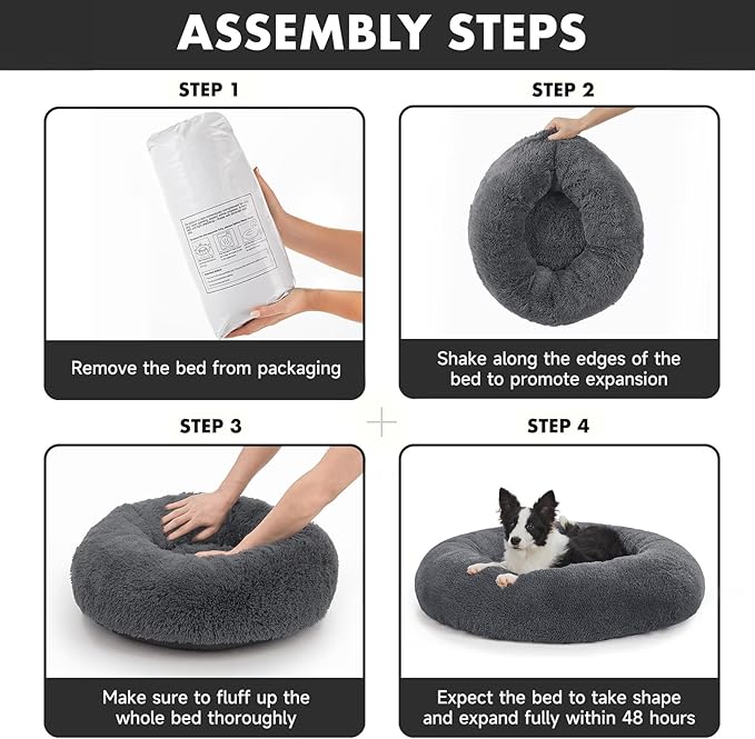 OhGeni Calming Donut Dog Bed Pillow for Large Pets, Machine Washable Removable Cover, Comfort Plush Fluffy Faux Fur with Anti-Slip Bottom, Cats-Friendly Round Cuddly Design, Gray, 36 inches