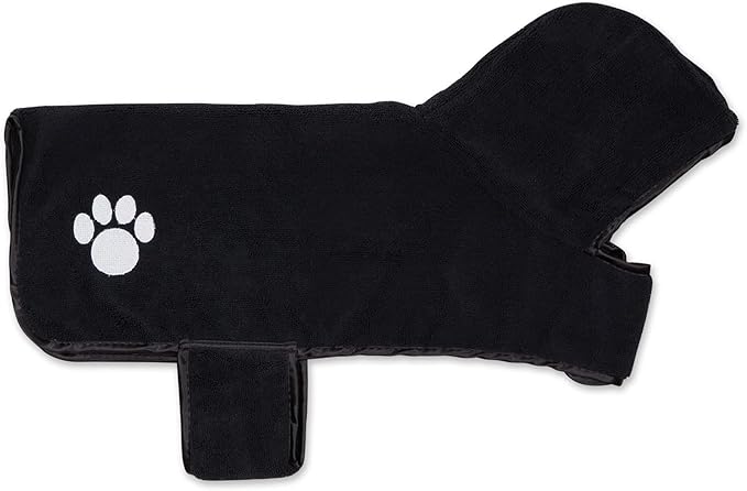 Bone Dry Pet Robe Collection, Embroidered Absorbent Microfiber Bath Robe with Adjustable Closure, for Dogs & Cats, Medium, Black