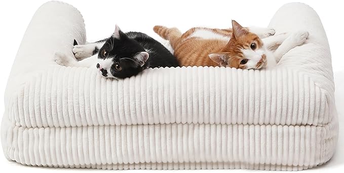 FUKUMARU Cat Couch Bed, Corduroy Cozy Cat Bed for Indoor Cats with Removable Washable Cover, Supportive Anti-Slip Dog Beds Sofa for Small Dogs Cute, 27inch, Medium, Cream