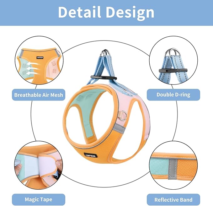 AMTOR Small Dog Harness with Leash Set, No Escape Easy Walk Puppy Harnesses for Training Walking, Step-in Reflective Soft Dogs Vest for XS S Medium Extra-Small Large Sized Dog(Orange)