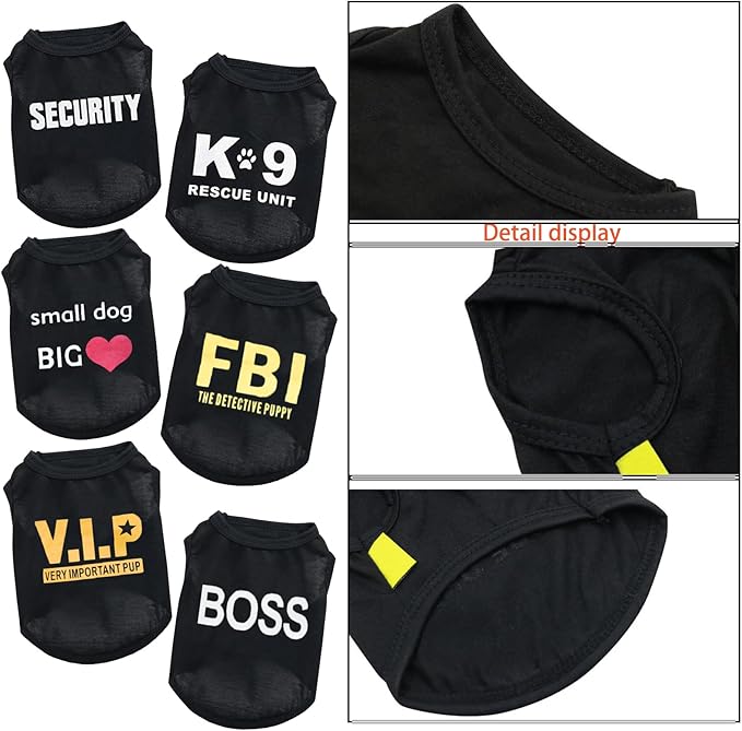 6 Pack Black Small Dog Shirt Puppy Clothes for Small Dog Boy Summer Casual Boss K9 Security Print Vest for Chihuahua Yorkies Small Dog Cat Fashion Outfits, Large