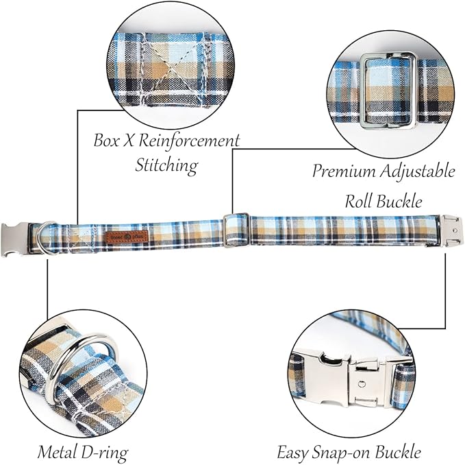 Lionet Paws Boy Dog Collar, Comfortable Adjustable Cute Blue Plaid Collar with Metal Buckle for Male Dogs, Small, Neck 10-16 inches