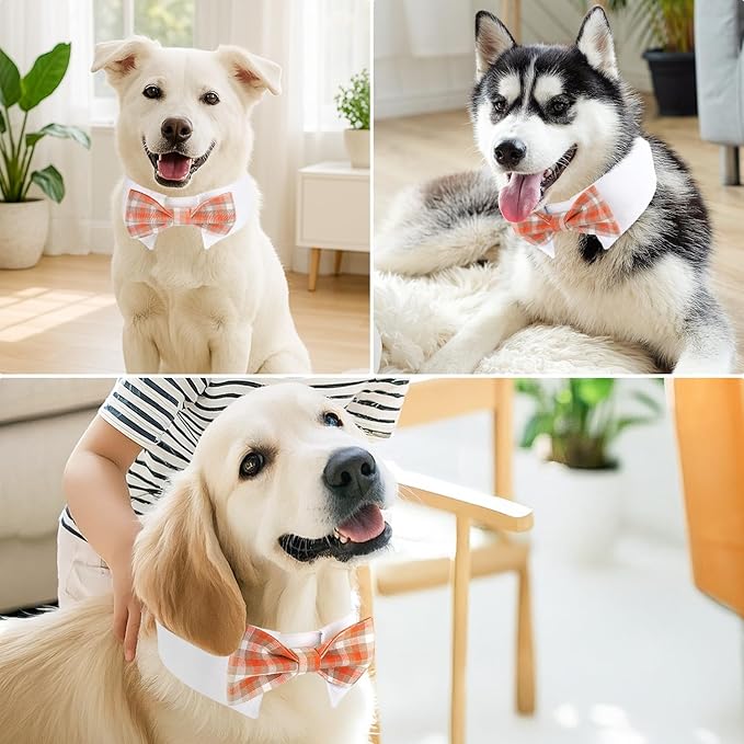 Segarty Dog Bow Tie, Adjustable Orange Plaid Bowtie Collar for Dogs, Large Dog Neck Tie Tuxedo Comfortable Cotton Boy Pets Grooming Accessories for Formal Wedding Holiday Birthday Gift Party