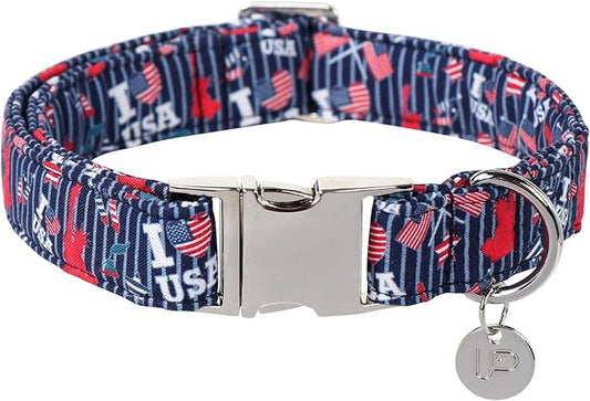 Patriotic Dog Collar, 4th of July Dog Collar, American Flag Collar for Puppy Boy Girl Dog or Cat, Comfortable Summer Collar with Metal Buckle, XL, Neck 16-26in, HeartFlag CC