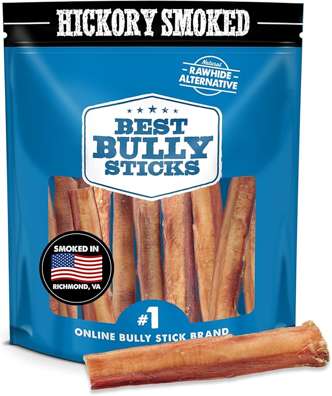 Best Bully Sticks Hickory Smoked Thick 6 Inch Bully Sticks - 10 Count (Pack of 1) - 100% Natural, Grain and Odor-Free, Smoky Aroma, No Additives, Grass-Fed