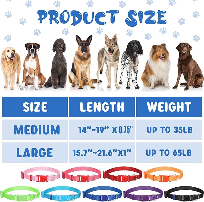 Sanwuta 18 Pcs Adjustable Dog Collar - 9 Colors Nylon Soft Neoprene Padded Heavy Duty Medium Pet Collars with Quick Snap Buckle for Medium Dogs