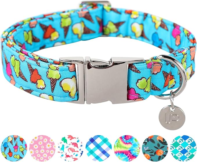 Ice Cream Summer Cotton Dog Collar with Metal Buckle Gift Collar for Small Medium Large Girls or Boys Dogs Cute Durable Comfortable Pet Collars