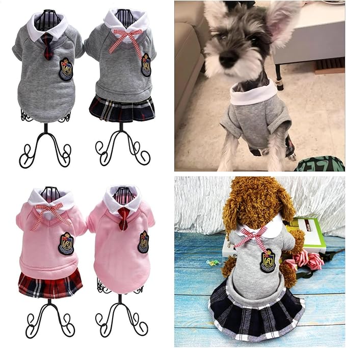 Pet Uniform School Skirts Sailor Costume Dog Campus Clothes Teddy Cute Bowtie Adorable Puppy Apparel (Large,Gray Shirt)