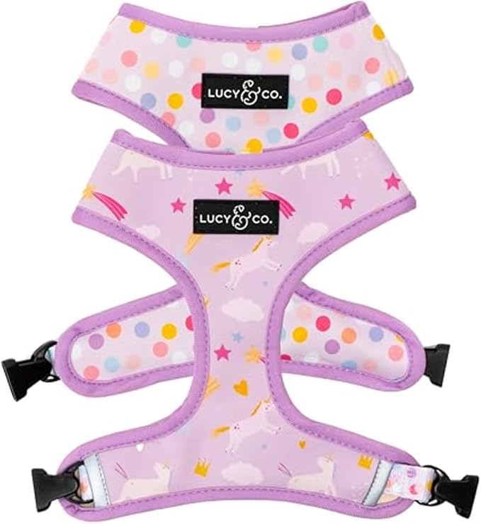 Lucy & Co. Cute Reversible Dog Harness Walking Halter - Best Designer Pet Harnesses for XS - XL Dogs - Padded Adjustable Vest for Easy Walking (X-Large, Unicorn Magic - Purple & Pink Unicorns)