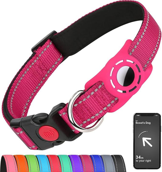 Airtag Dog Collar with AirTag Holder for Large Dogs, Reflective, Soft Padded & Safety Locking Buckle, Nylon Pet Collars Adjustable for All Breeds, Hotpink,L