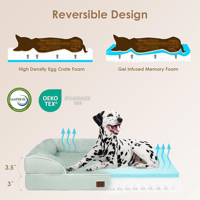 EHEYCIGA Orthopedic Dog Beds for Extra Large Dogs, Waterproof Memory Foam XL Dog Bed with Sides, Non-Slip Bottom and Egg-Crate Foam Big Pet Couch Bed with Washable Removable Cover, Sage Green