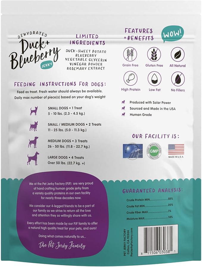Pet Jerky Factory Premium Duck and Blueberry 12 oz. Dog Jerky Treats | 100% Human Grade | USA Made | High Protein | Grain Free | Limited Ingredients | No Filler | BHA-BHT Free | Soft-Tender