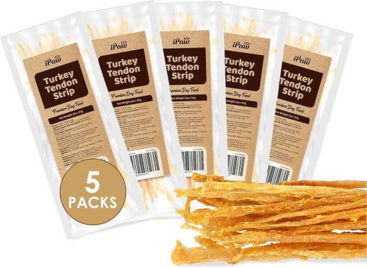 Turkey Tendons for Dogs, 100% Turkey and US Sourced Raw Material, Hypoallergenic, All Natural Human Grade Puppy Chew, Rawhide Alternative Dog Treats, 5 Unit/Pack Strip