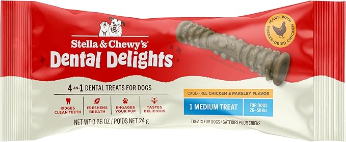 Stella & Chewy's Dental Delights with Freeze-Dried Chicken - Medium Dental Treats for Dogs, Single Serve