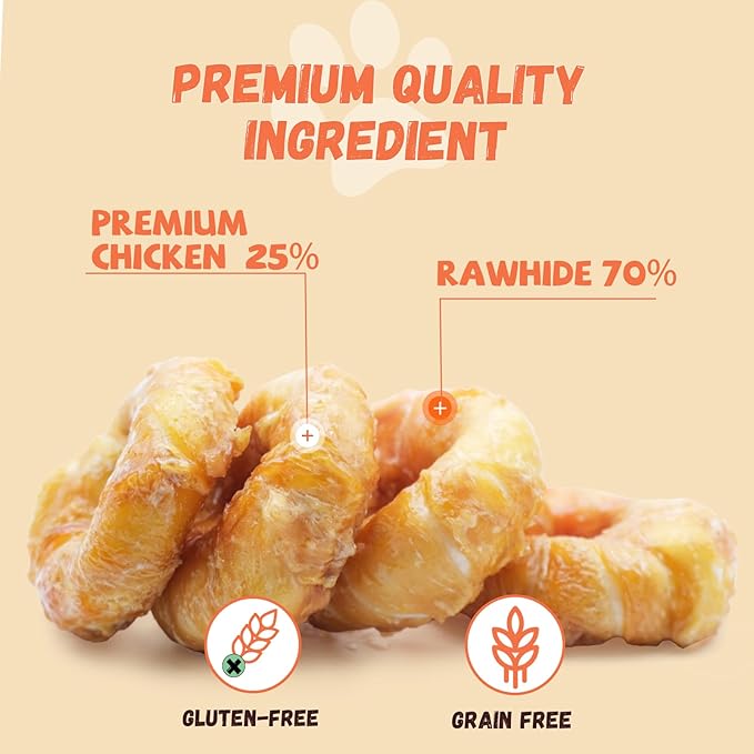 Dog Treats Large Breed, Chicken Wrapped Rawhide Donuts Ring Rawhide Dog Chews Long Lasting Grain Free Snacks with Taurine for Medium Large Dogs 4 Counts