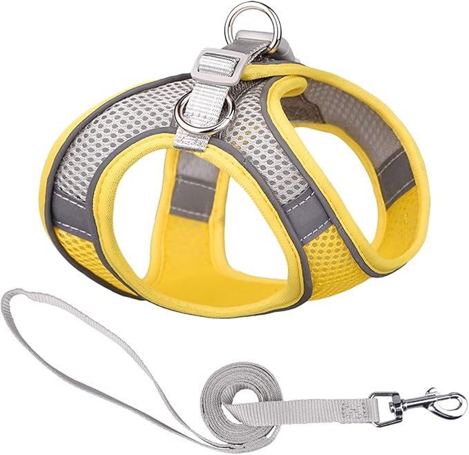 Soft Small Dog Harness and Leash Set Mesh Puppy Harnesses Leash Easy Walk Dog Harness Vest Adjustable Reflective No Pull Dog Harnesses for Small Dogs Cats (Yellow Grey,M)