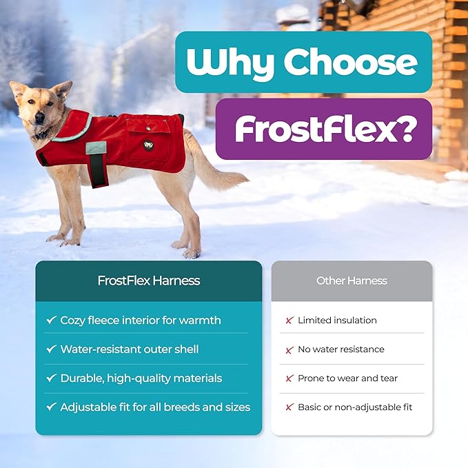 Joyride Harness FrostFlex Dog Winter Jacket - Fleece Lined & Water-Resistant - Snowsuit with Pockets for Treats & Poop Bags - Durable Cold Weather Dog Coat - Red Rush-XXL