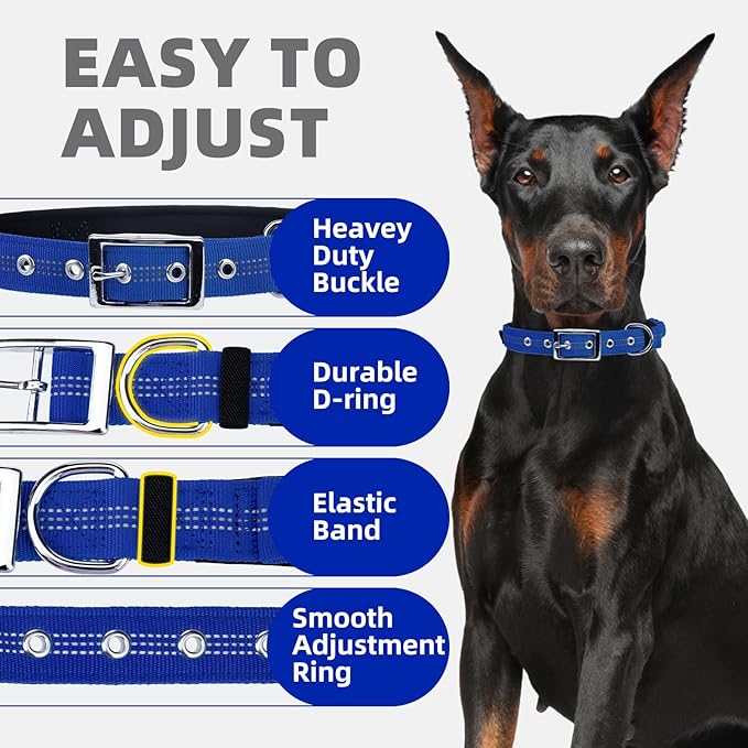 PUPTECK Heavy Duty Dog Collar with Handle Bungee for Small Medium Large Dogs, Tactical Dog Training Collar for Easy Control, Reflective Padded Dog Collars for Walking Running, Navy Blue, M