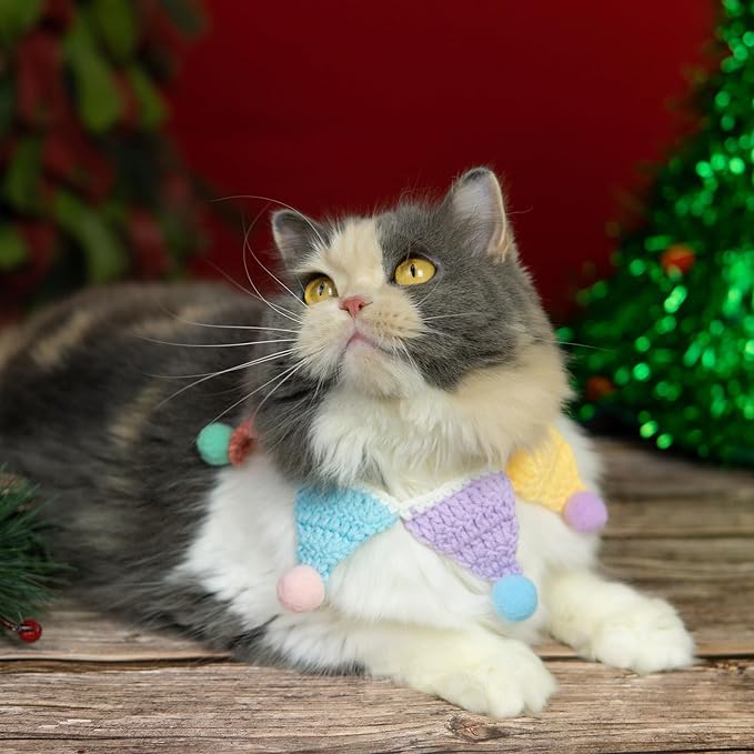 Knitted Dog Costume,Handmade Cat Birthday Costume,Dog Outfit and Birthday Decoration,Cute Cat Outfit,Rainbow Bandana,Adjustable Clown Costume