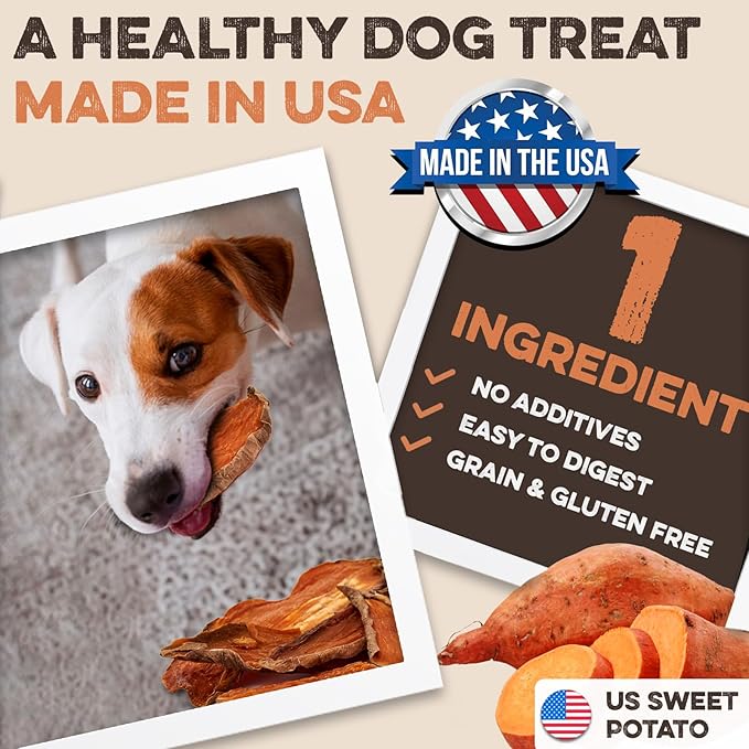 Sweet Potato Slices For Dogs - Half Slices, 2 lbs - Single Ingredient Grain Free Dog Treats, Best High Anti-Oxidant Healthy 100% Natural Thick Cut Dried Sweet Potato Dog Treats, No Added Preservatives