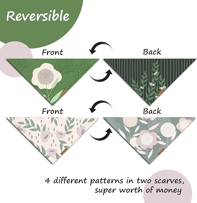 Summer Dog Bandanas 2 Pack, 4 Pattern Reversible Green Dog Bandana, Adjustable, Washable, Spring Floral Triangle Scarf for Medium to Large Breed Dogs, boy and Girl (Large)