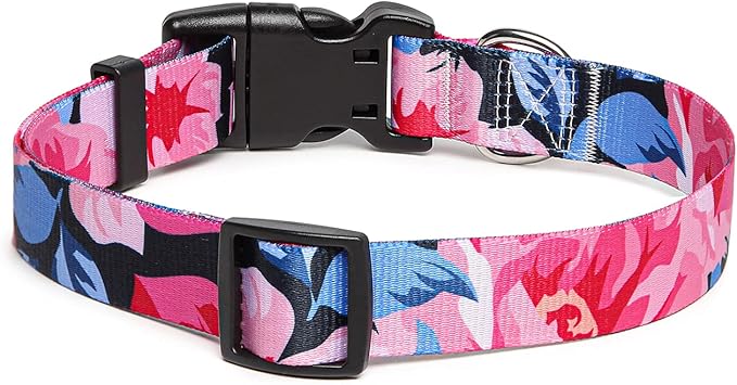 Adjustable Dog Collar with Patterns, Ultra Comfy Soft Nylon Breathable Pet Collar for Small Medium Large Dogs (M, Pink Flower)