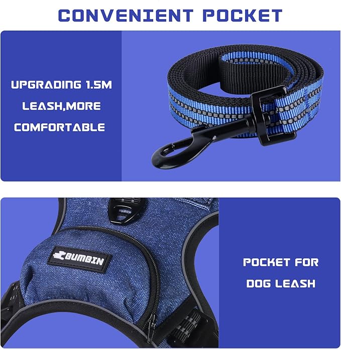 BUMBIN Dog Harness for Large Dogs, No Pull Adjustable No Choke Pet Vest with Dog Leash Fit Smart Reflective Pet Walking Harness for Training Easy Control Soft Handle Denim Blue S