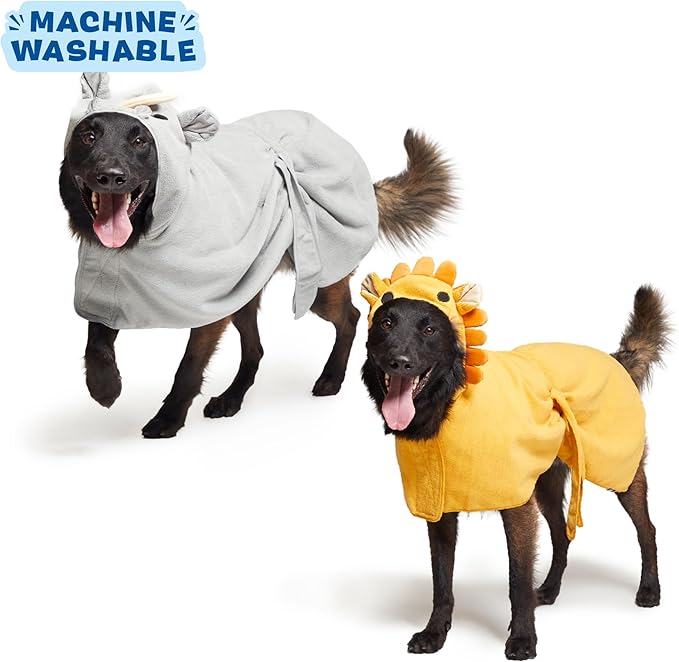 Barkbox Dog Bathrobe Bundle, Fast Drying with Hook and Loop Closure & Wrap Tie Snuggle, Cute Dogs Clothes, Easy to Clean, Machine Washable, Dog Coats and Tumble Dry Low - Lion/Rhino, Large