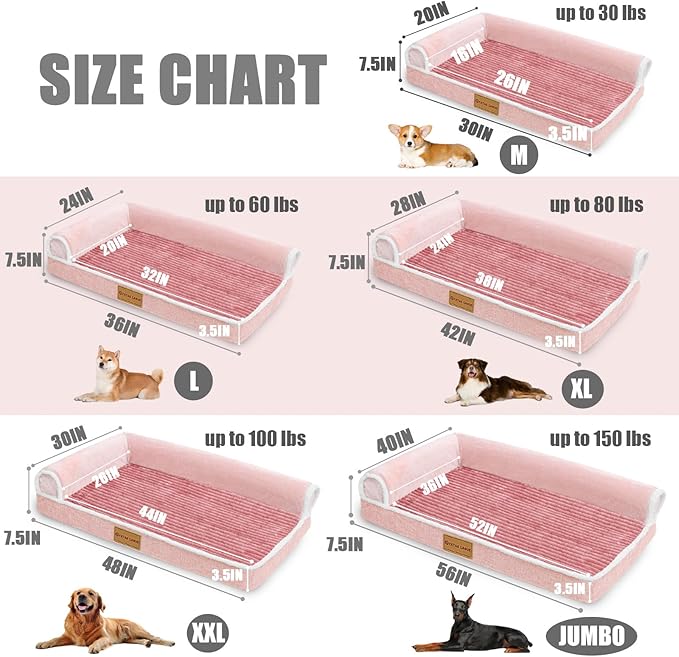 Patas Lague Orthopedic Dog Bed for Large Dogs Waterproof Comfortable L Shaped Medium Non-Slip Soft Warm Pet Sofa Sleep Bed mat with Removable Washable Cover 36''X24'' Pink