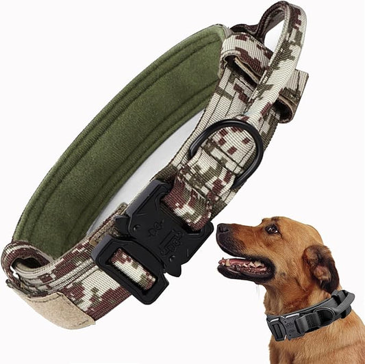 Tactical Dog Collar, Adjustable Military Training Nylon Dog Collar with Control Handle and Heavy Quick-Release Metal Buckle for Small Medium Large Dogs, Camo M