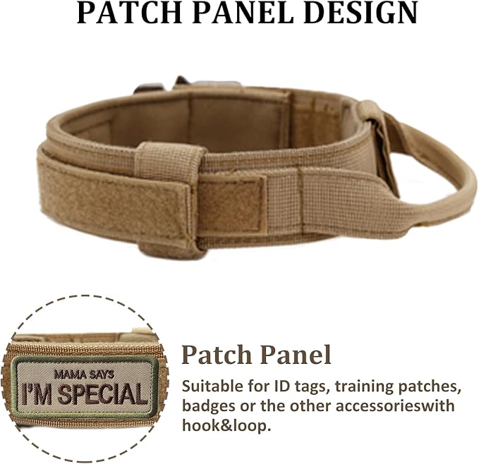 Tactical Dog Collar with Handle - Military Adjustable Dog Training Collar Soft Nylon and Heavy Duty Metal Buckle for Medium Large Dogs - with Patch (Brown, Large)