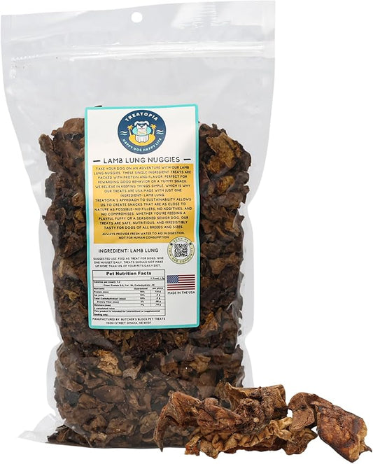 Lamb Lung Bites Dog Treats, 1 LB Bag - All-Natural, Sustainable, Healthy, High Protein, Hand-Trimmed, Slow-Roasted, Made in The USA, Nutritious, No Additives, No Fillers