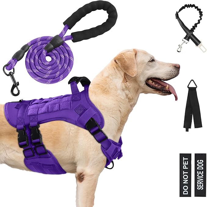 No Pull Tactical Dog Harness for Large Dogs, Escape Proof Molle Dog Vest Harness and Leash Set, Adjustable Military Service Dog Harness with Handle for Medium Large Dogs(Purple, L)