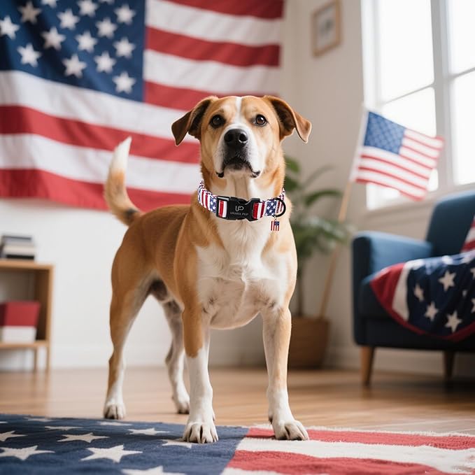 Flag Dog Collar, 4th of July Comfortable Cotton Dog Collars, American Flag Collar for Medium Girl Boy Dogs, Patriotic Collars with Quick Release
