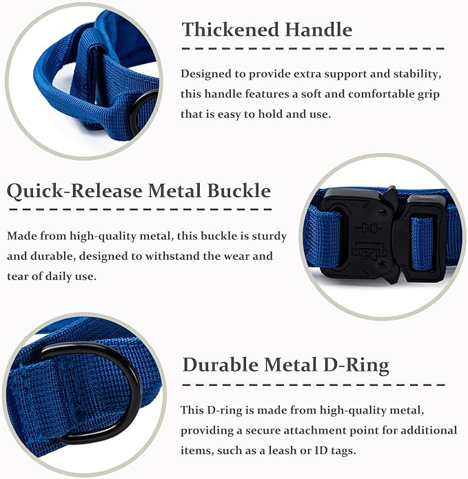 Tactical Dog Collar, Adjustable Military Training Nylon Dog Collar with Control Handle and Heavy Quick-Release Metal Buckle for Small Medium Large Dogs, Dark Blue XXL