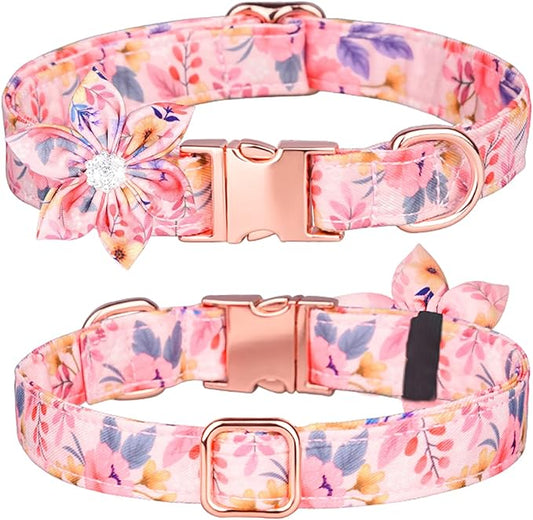 Dog Collar, Girl Dog Collar Puppy Collar Floral Pattern Dog Collar Cute Dog Collar with Detachable Rhinestone Flower for Female Dogs Small Medium Large (L, Pink)