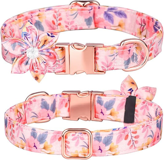 Floral Pattern Dog Collar - Cute with Detachable Rhinestone Flower for Female Puppy to Large (S, Pink)