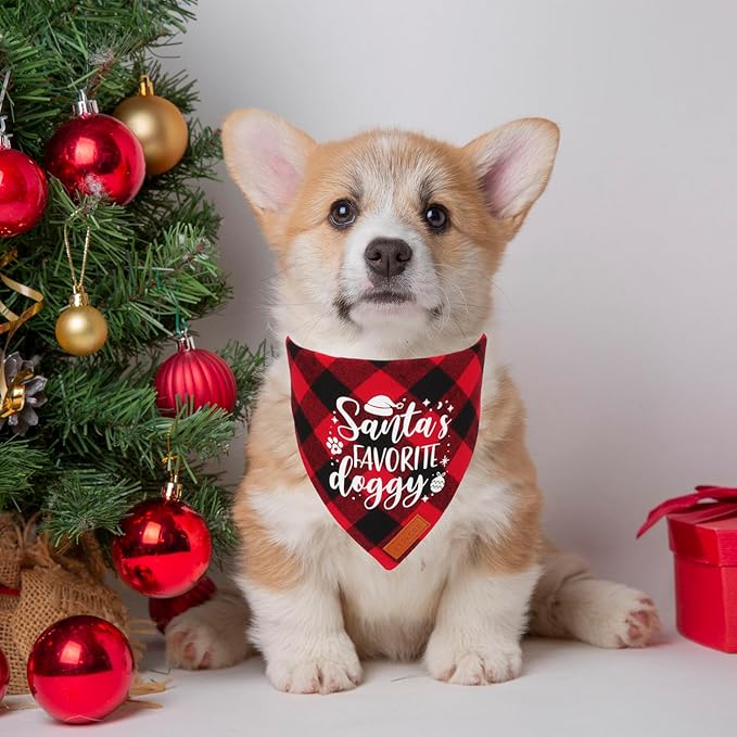 PTDECOR 2 Pack Dog Christmas Bandanas, Classic Red Green Plaid Pet Scarf Triangle Bibs Kerchief Christmas Bandanas for Small Dogs Pets (Small)